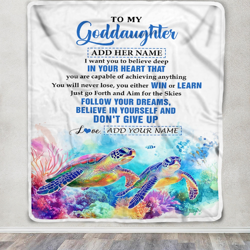 Personalized To My Goddaughter Gifts From Aunt Uncle Don't Give Up Turtle Gifts For Goddaughter Birthday Graduation Christmas Customized Fleece Throw Blanket | teecentury