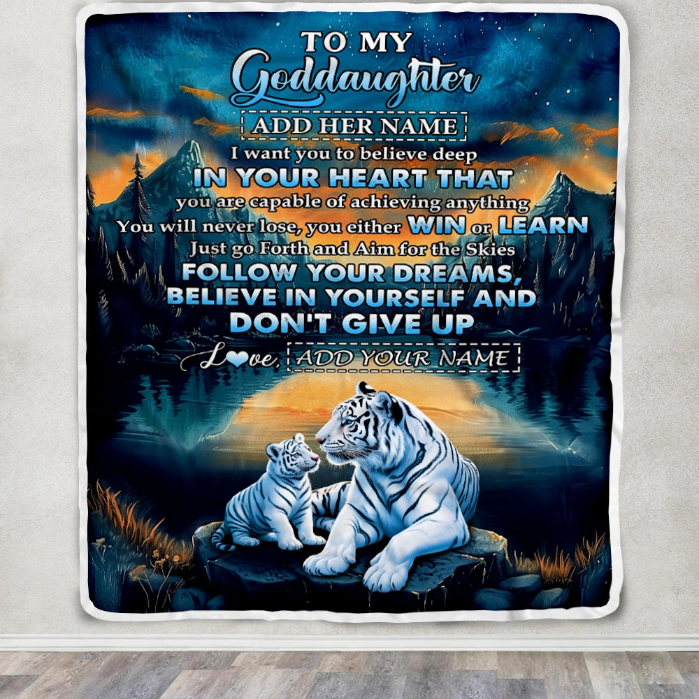 Personalized To My Goddaughter Gifts From Aunt Uncle Don't Give Up White Tiger Gifts For Goddaughter Birthday Graduation Christmas Customized Fleece Blanket | teecentury