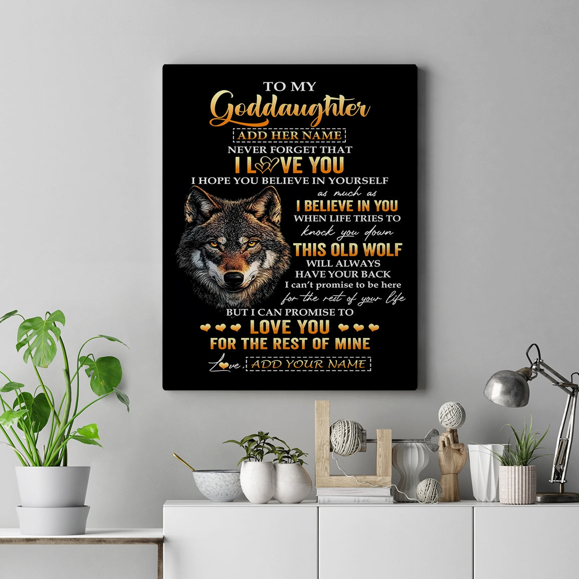 Personalized To My Goddaughter Gifts From Godfather Godmother Canvas Old Wolf Love You Goddaughter Birthday Gifts Graduation Christmas Custom Print Framed Canvas | teecentury