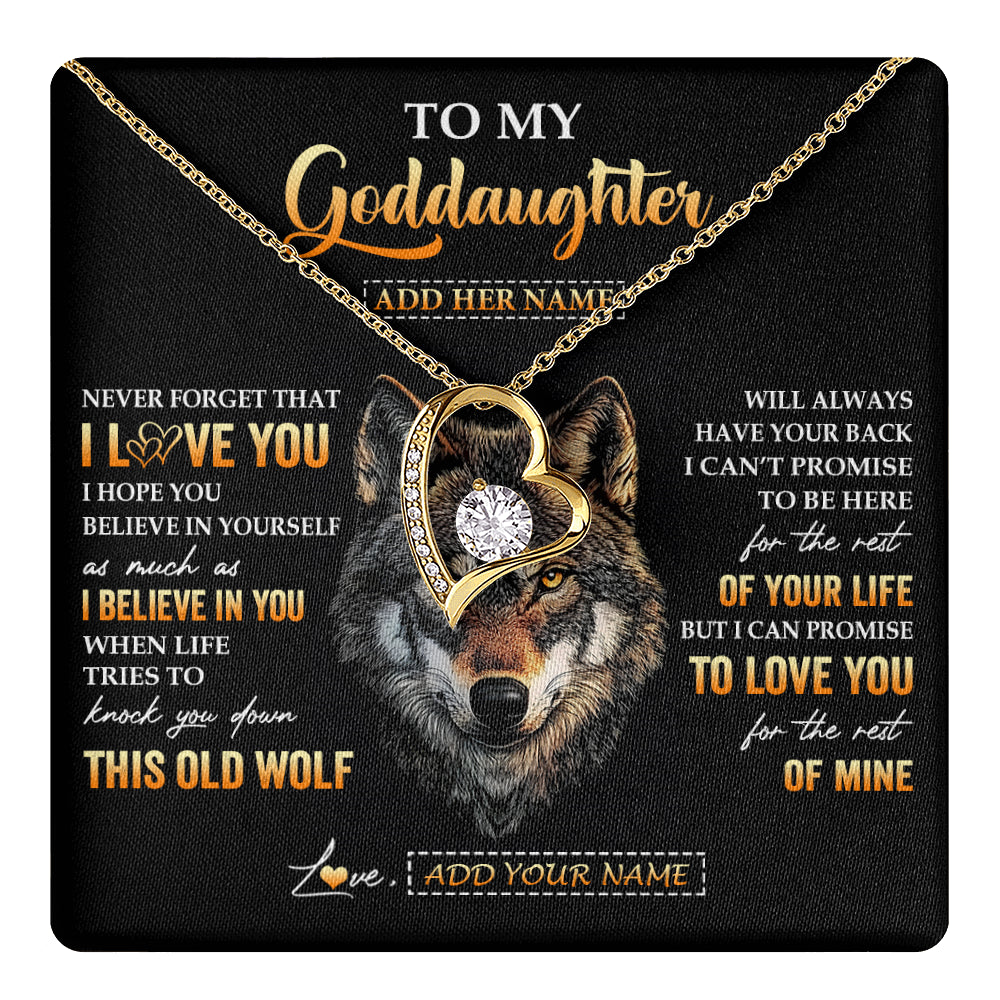 Forever Love Necklace 18K Yellow Gold Finish | 1 | Personalized To My Goddaughter Gifts From Godfather Godmother Necklace Old Wolf Love You Goddaughter Birthday Gifts Graduation Christmas Gift Box Message Card | teecentury