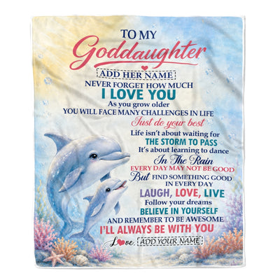 Personalized To My Goddaughter Gifts From Godmother Blanket Dolphin Ocean Love Message Birthday Christmas Gift For Goddaughter Custom Fleece Throw Blanket | teecentury