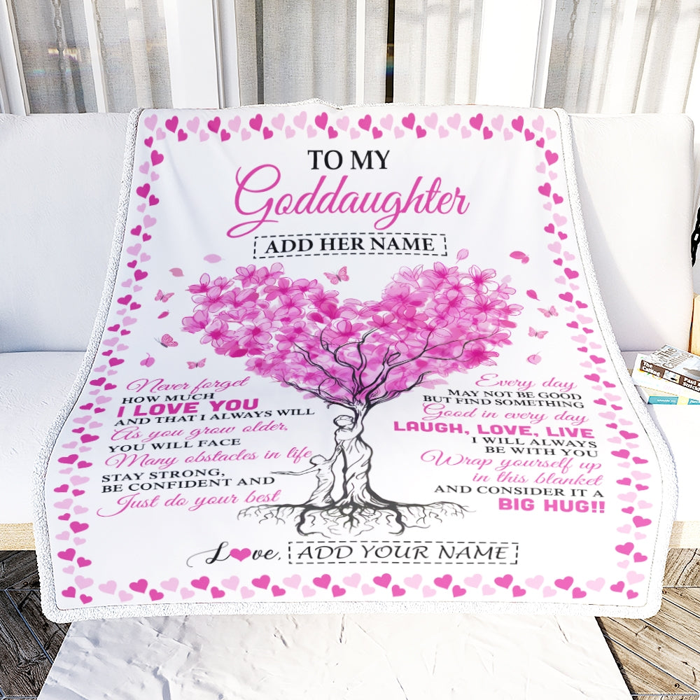 Personalized To My Goddaughter Gifts From Godmother Blanket Pink Heart Tree I Love You Custom Birthday Gifts For Goddaughter Christmas Fleece Blanket | teecentury