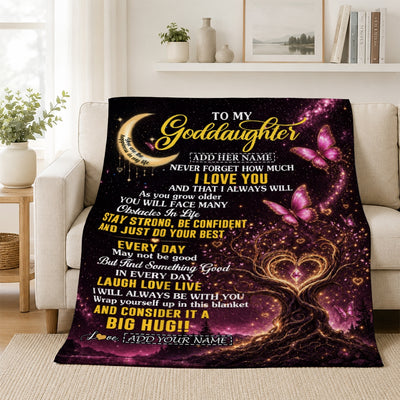 Personalized To My Goddaughter Gifts From Godmother Blanket Purple Galaxy Butterfly Moon Birthday Gifts For Goddaughter Graduation Christmas Fleece Blanket | teecentury