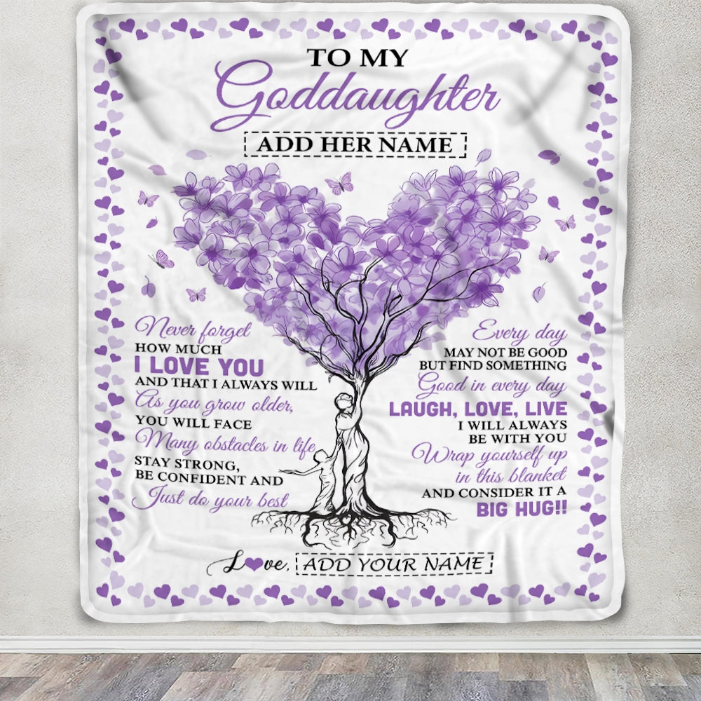 Personalized To My Goddaughter Gifts From Godmother Blanket Purple Heart Tree I Love You Custom Birthday Gifts For Goddaughter Christmas Fleece Blanket | teecentury