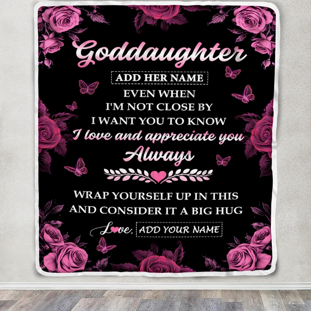 Personalized To My Goddaughter Gifts From Godmother Blanket Rose Floral It A Big Hug Birthday Gift Idea For Goddaughter Gifts Christmas Custom Fleece Blanket | teecentury