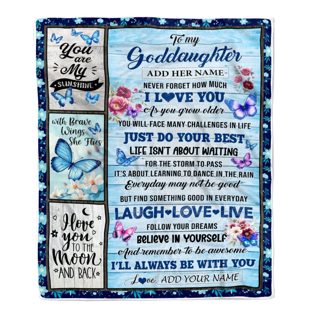 Personalized To My Goddaughter Gifts From Godmother Blanket Wood Butterfly Believe In Yourself Custom Goddaughter Birthday Gifts Christmas Fleece Blanket | teecentury