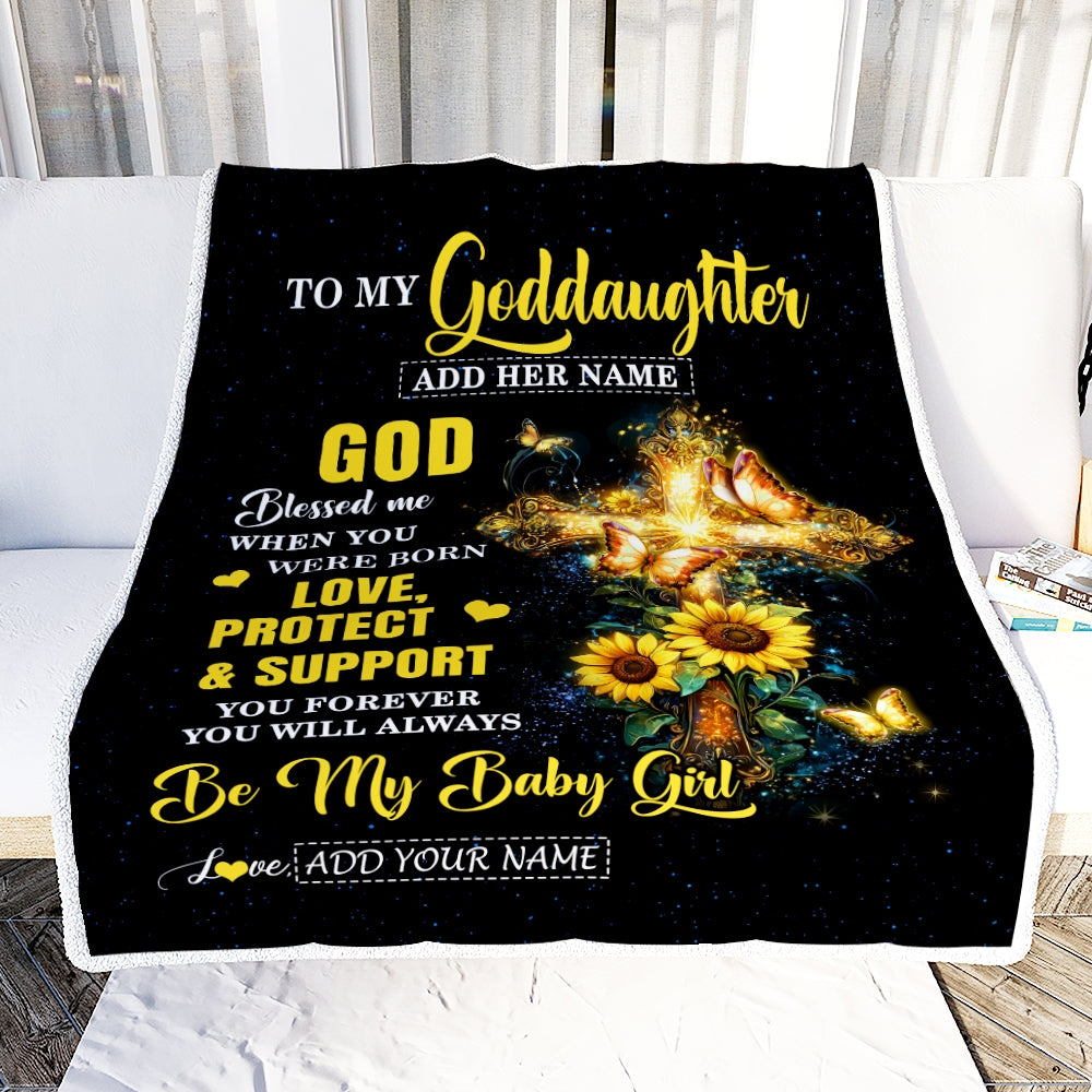 Personalized To My Goddaughter Gifts From Godmother Cross Sunflower Christian Blessed Goddaughter Birthday Presents Graduation Gifts Christmas Fleece Blanket | teecentury