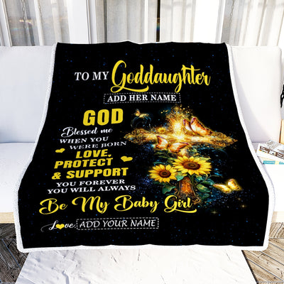 Personalized To My Goddaughter Gifts From Godmother Cross Sunflower Christian Blessed Goddaughter Birthday Presents Graduation Gifts Christmas Fleece Blanket | teecentury