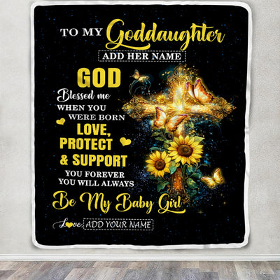 Personalized To My Goddaughter Gifts From Godmother Cross Sunflower Christian Blessed Goddaughter Birthday Presents Graduation Gifts Christmas Fleece Blanket | teecentury
