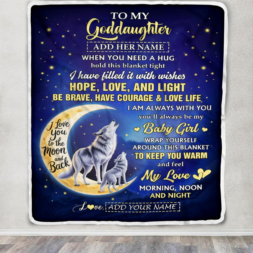 Personalized To My Goddaughter Gifts From Godmother Godfather Blanket I Love You Moon And Back Wolf Goddaughter Birthday Gifts Christmas Fleece Blanket | teecentury