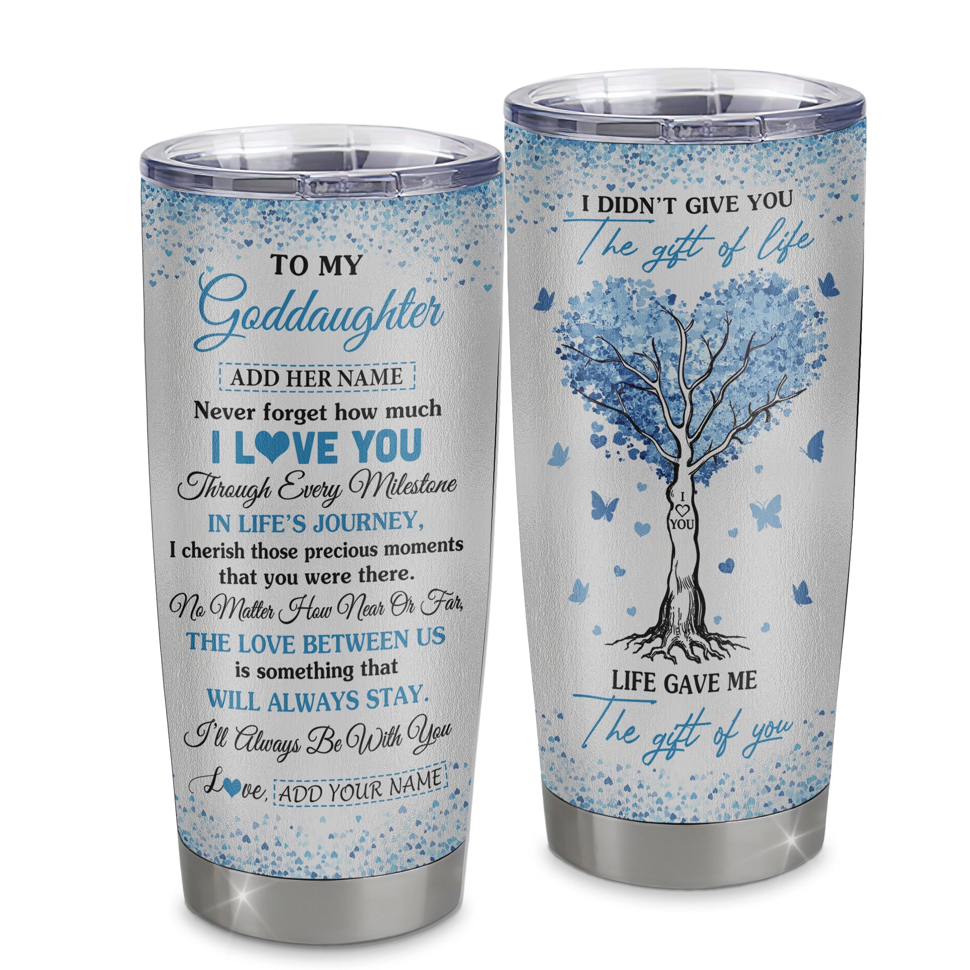 Personalized To My Goddaughter Gifts From Godmother Godfather Tumbler Blue Tree Butterfly Birthday Gifts For Goddaughter Graduation Christmas Custom Cup Travel Mug | teecentury