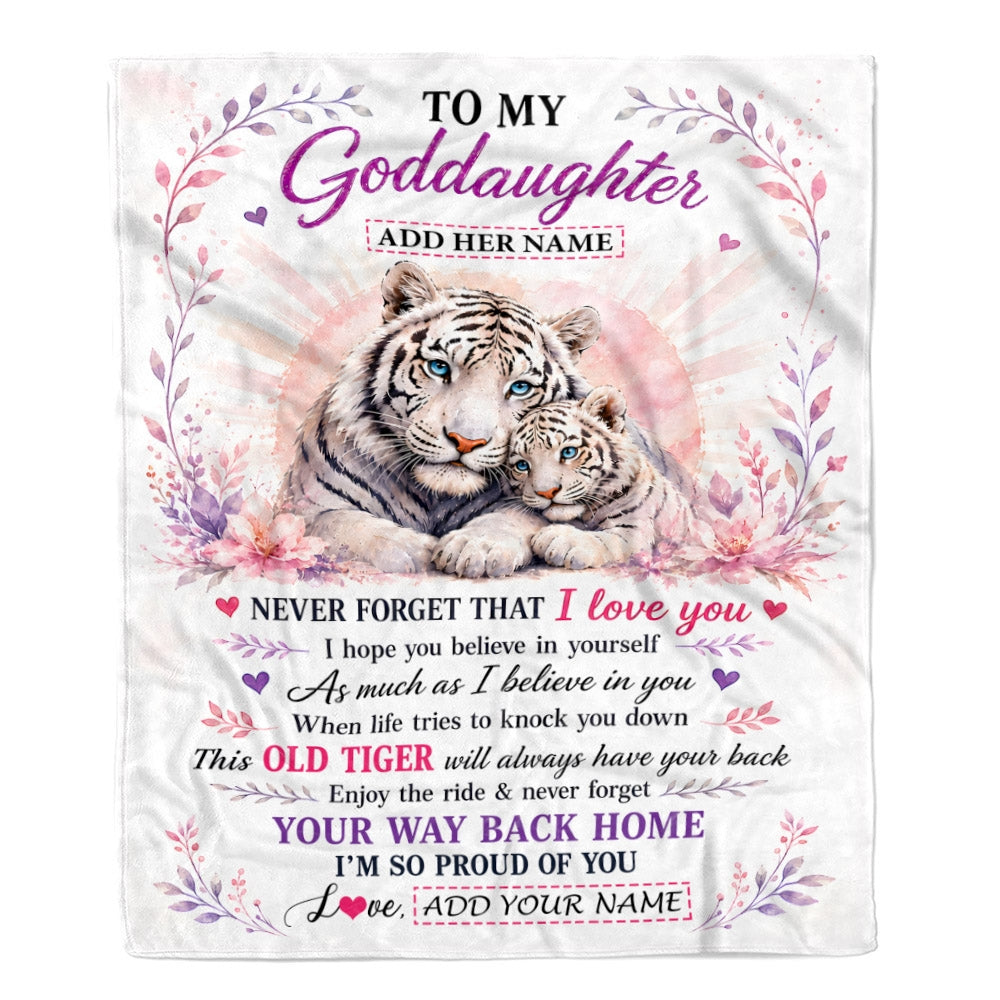 Personalized To My Goddaughter Gifts From Godmother Grandfather Blanket White Tiger This Old Tiger Birthday Christmas Gift For Goddaughter Fleece Blanket | teecentury