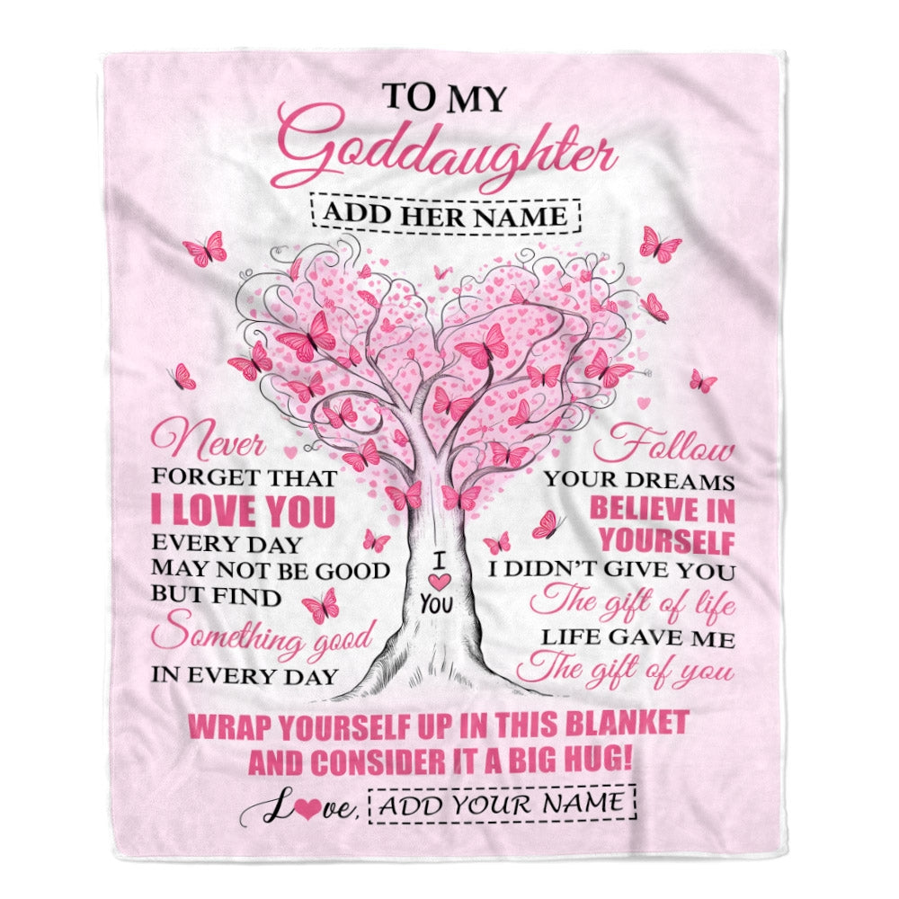 Personalized To My Goddaughter Gifts From Godmother Heart Tree Butterfly Believe In Yourself Birthday Gifts For Goddaughter Graduation Christmas Fleece Blanket | teecentury