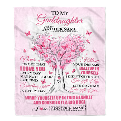 Personalized To My Goddaughter Gifts From Godmother Heart Tree Butterfly Believe In Yourself Birthday Gifts For Goddaughter Graduation Christmas Fleece Blanket | teecentury