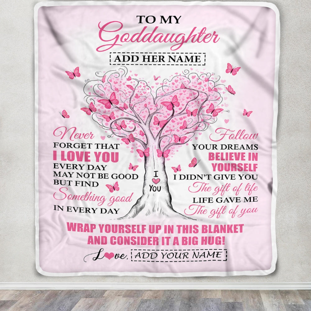 Personalized To My Goddaughter Gifts From Godmother Heart Tree Butterfly Believe In Yourself Birthday Gifts For Goddaughter Graduation Christmas Fleece Blanket | teecentury