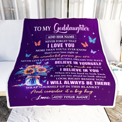 Personalized To My Goddaughter Gifts From Godmother Inspirational Love Purple Sunflowers Birthday Gifts For Goddaughter Idea Christmas Custom Fleece Blanket | teecentury