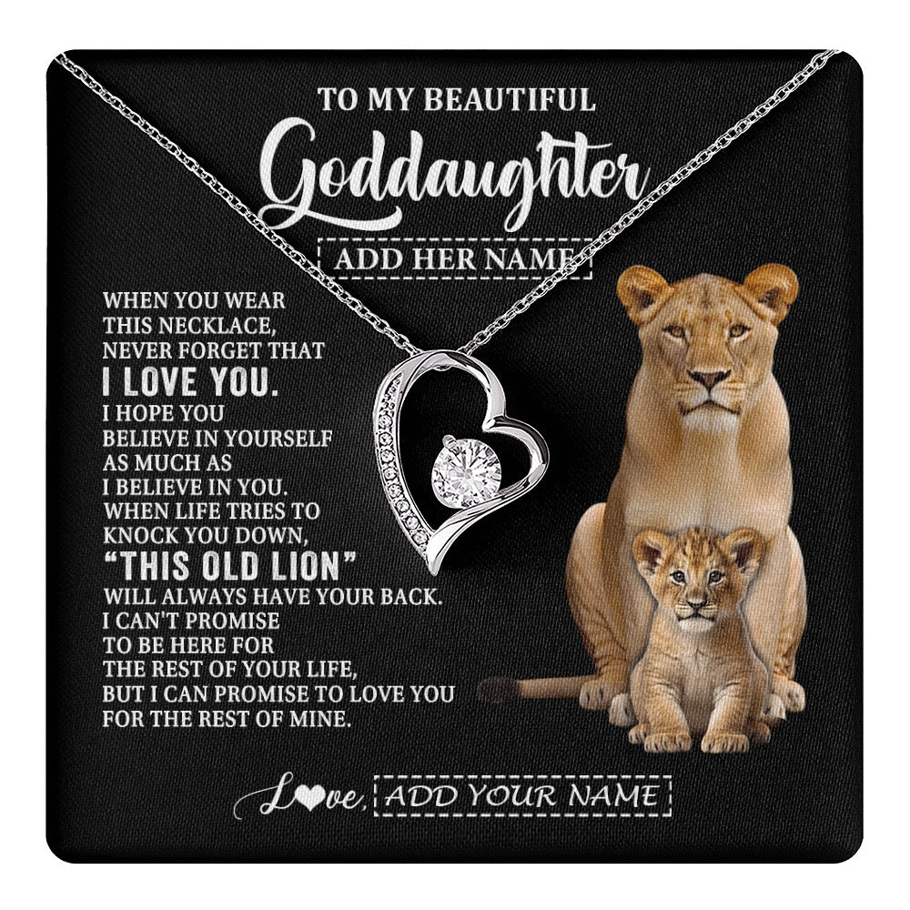 Forever Love Necklace 14K White Gold Finish | 1 | Personalized To My Goddaughter Gifts From Godmother Necklace This Old Lion Love You Goddaughter Birthday Gifts Christmas Jewelry Custom Gift Box Message Card | https://teecentury.