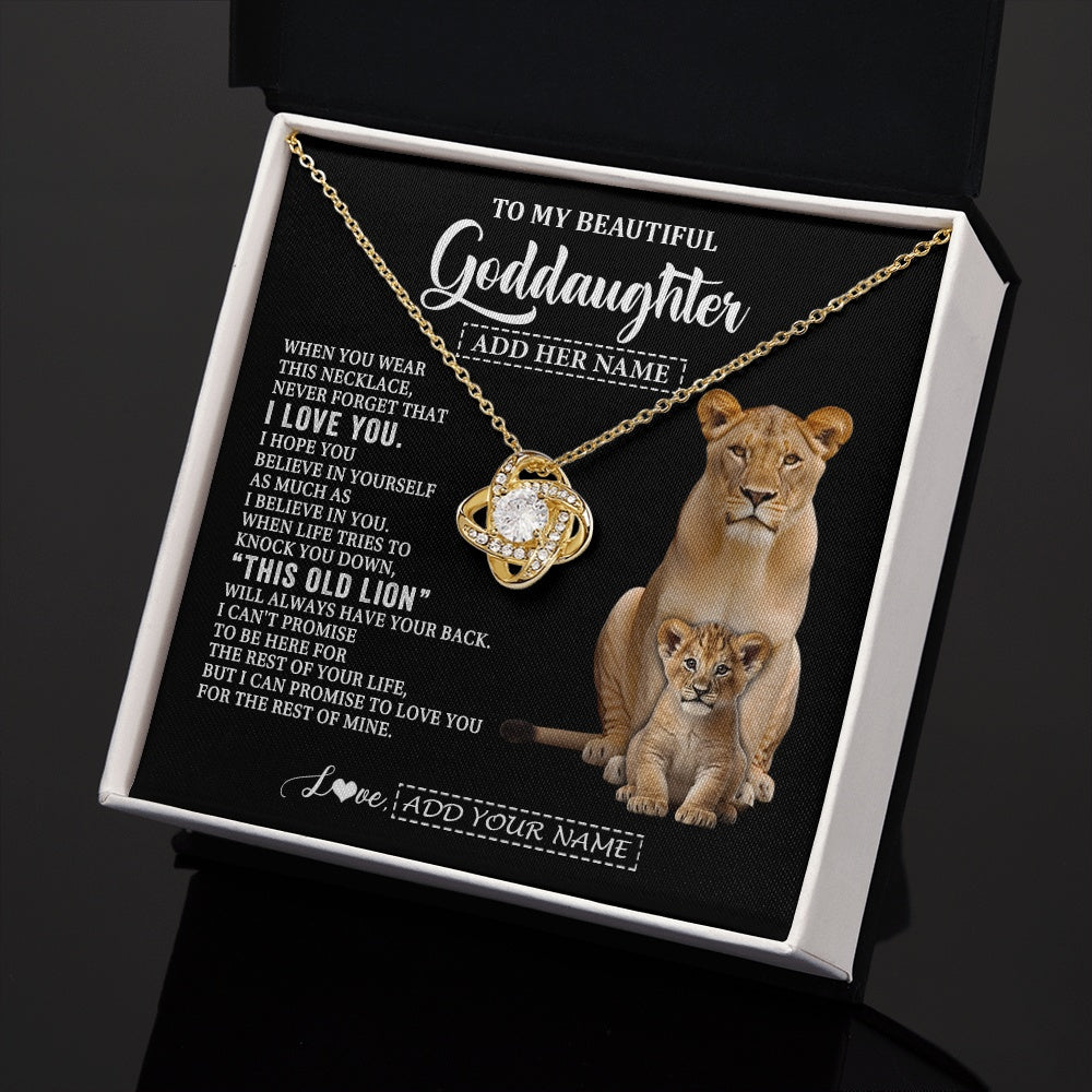 Love Knot Necklace 18K Yellow Gold Finish | 2 | Personalized To My Goddaughter Gifts From Godmother Necklace This Old Lion Love You Goddaughter Birthday Gifts Christmas Jewelry Custom Gift Box Message Card | https://teecentury.