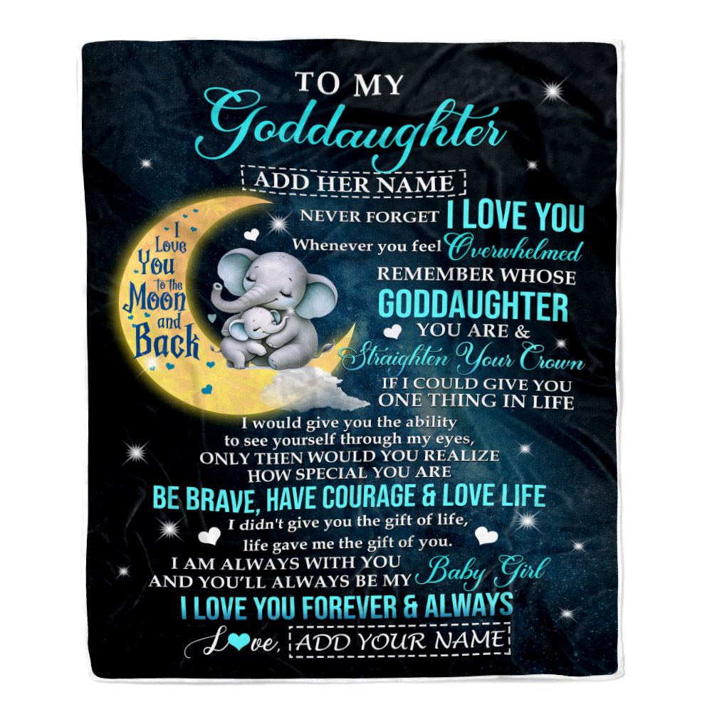 Personalized To My Goddaughter Gifts From Godmother Uncle Blanket Moon Elephant Birthday Gifts Graduation For Goddaughter Christmas Fleece Throw Blanket | teecentury