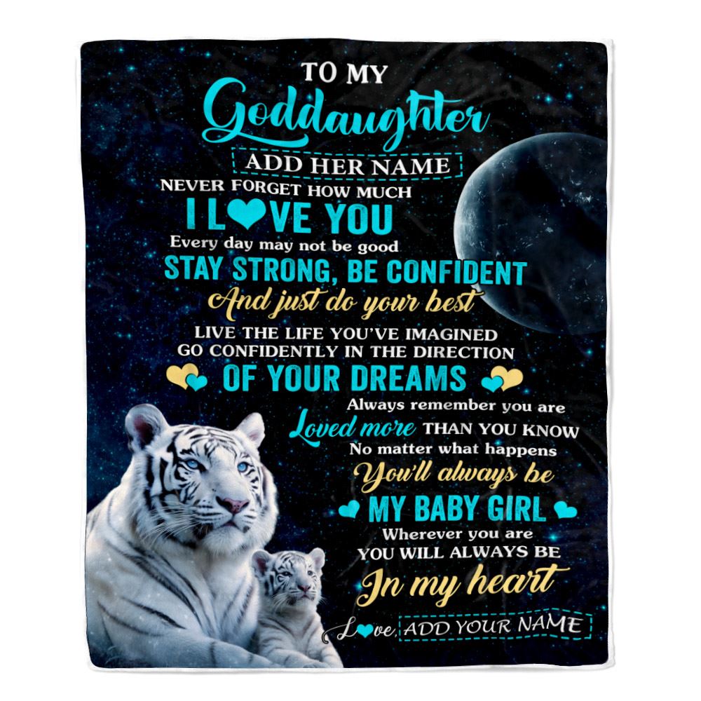 Personalized To My Goddaughter Gifts From Godmother Uncle Blanket White Tiger Never Forget How Much I Love You Goddaughter Birthday Christmas Fleece Blanket | teecentury