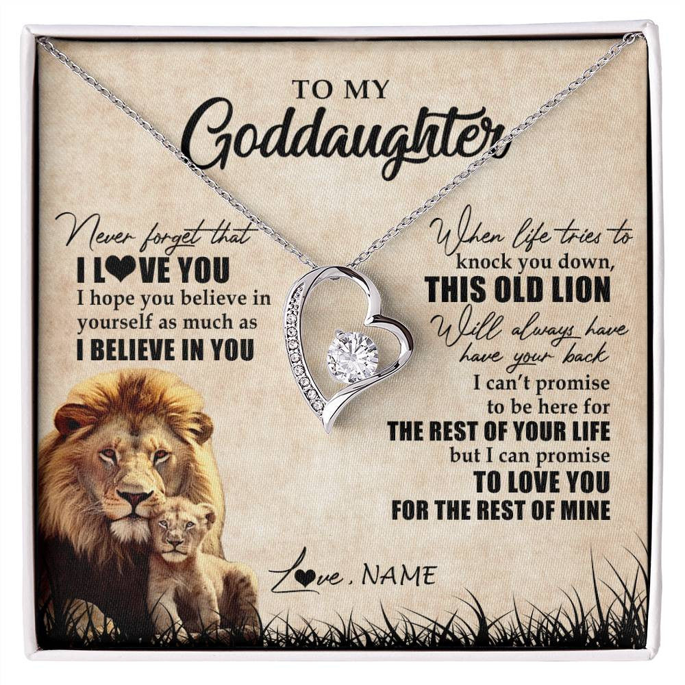 Forever Love Necklace 14K White Gold Finish | Personalized To My Goddaughter Gifts Necklace From Godfather Old Lion Goddaughter Jewelry Birthday Gifts Graduation Christmas Customized Gift Box Message Card | teecentury