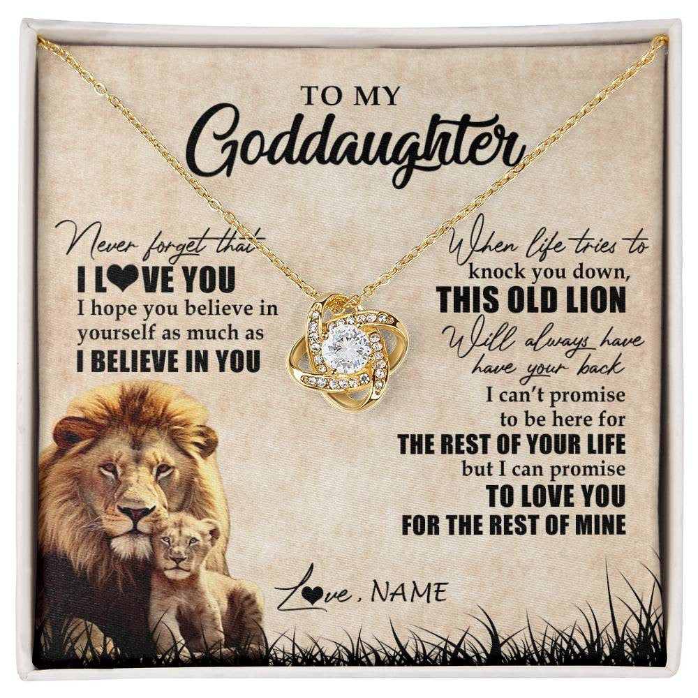 Love Knot Necklace 18K Yellow Gold Finish | Personalized To My Goddaughter Gifts Necklace From Godfather Old Lion Goddaughter Jewelry Birthday Gifts Graduation Christmas Customized Gift Box Message Card | teecentury