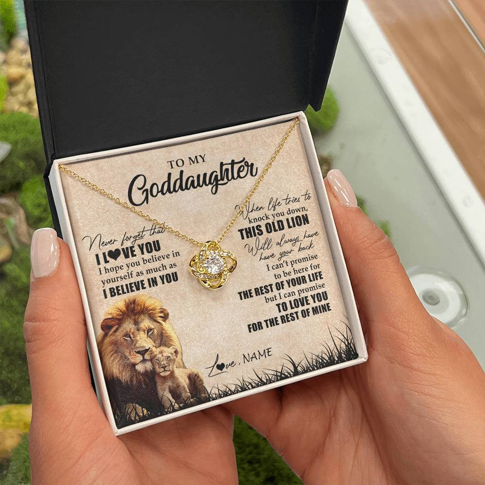 Love Knot Necklace 18K Yellow Gold Finish | Personalized To My Goddaughter Gifts Necklace From Godfather Old Lion Goddaughter Jewelry Birthday Gifts Graduation Christmas Customized Gift Box Message Card | teecentury