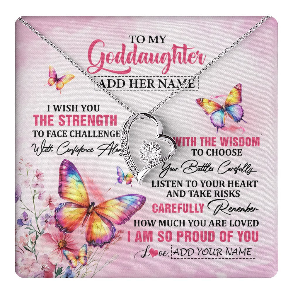 Forever Love Necklace 14K White Gold Finish | 1 | Personalized To My Goddaughter Gifts Necklace From Godmother Godfather I Wish You The Strength Butterfly Goddaughter Birthday Christmas Gift Box Message Card | https://teecentury.