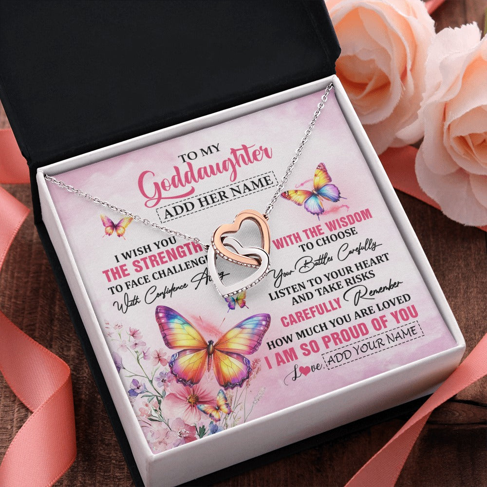 Interlocking Hearts Necklace Stainless Steel & Rose Gold Finish | 2 | Personalized To My Goddaughter Gifts Necklace From Godmother Godfather I Wish You The Strength Butterfly Goddaughter Birthday Christmas Gift Box Message Card | https://teecentury.