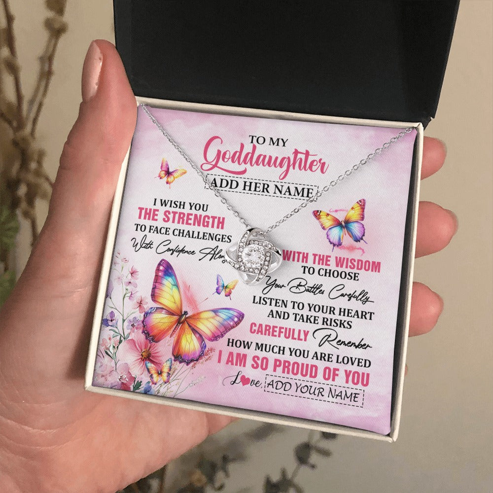 Love Knot Necklace 14K White Gold Finish | 2 | Personalized To My Goddaughter Gifts Necklace From Godmother Godfather I Wish You The Strength Butterfly Goddaughter Birthday Christmas Gift Box Message Card | https://teecentury.