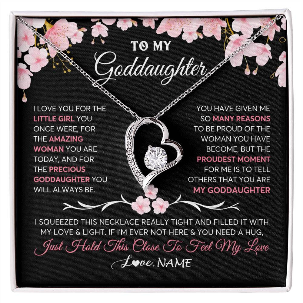 Forever Love Necklace 14K White Gold Finish | 1 | Personalized To My Goddaughter Gifts Necklace From Godmother Godfather Love Precious Goddaughter Birthday Graduation Christmas Customized Gift Box Message Card | teecentury