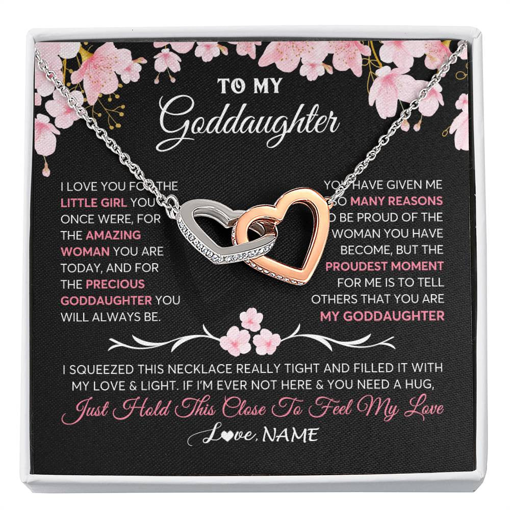 Interlocking Hearts Necklace Stainless Steel & Rose Gold Finish | 1 | Personalized To My Goddaughter Gifts Necklace From Godmother Godfather Love Precious Goddaughter Birthday Graduation Christmas Customized Gift Box Message Card | teecentury