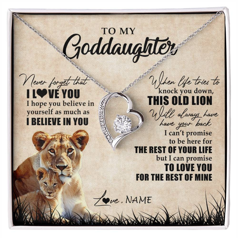Forever Love Necklace 14K White Gold Finish | Personalized To My Goddaughter Gifts Necklace From Godmother Old Lion Goddaughter Jewelry Birthday Gifts Graduation Christmas Customized Gift Box Message Card | teecentury