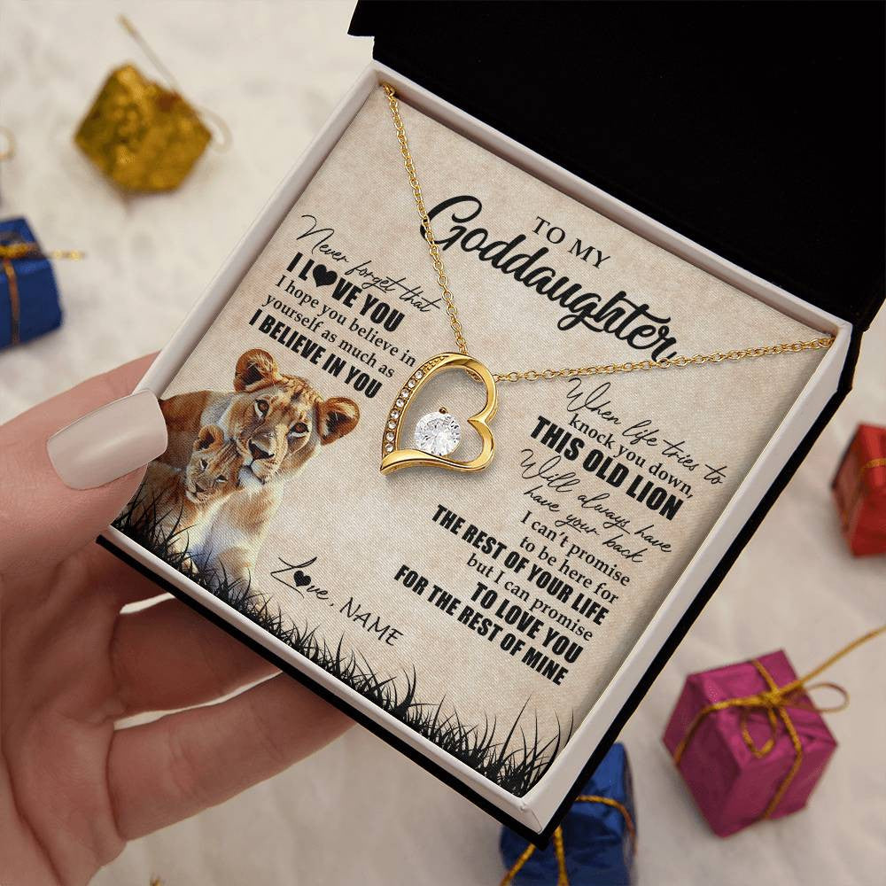 Forever Love Necklace 18K Yellow Gold Finish | Personalized To My Goddaughter Gifts Necklace From Godmother Old Lion Goddaughter Jewelry Birthday Gifts Graduation Christmas Customized Gift Box Message Card | teecentury