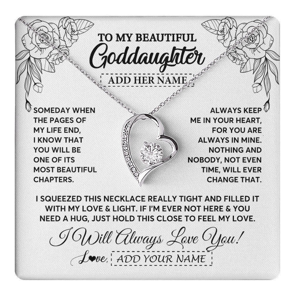 Forever Love Necklace 14K White Gold Finish | 1 | Personalized To My Goddaughter Gifts Necklace From Godmother Someday When The Pages Birthday Goddaughter Christmas Graduation Jewelry Gift Box Message Card | https://teecentury.