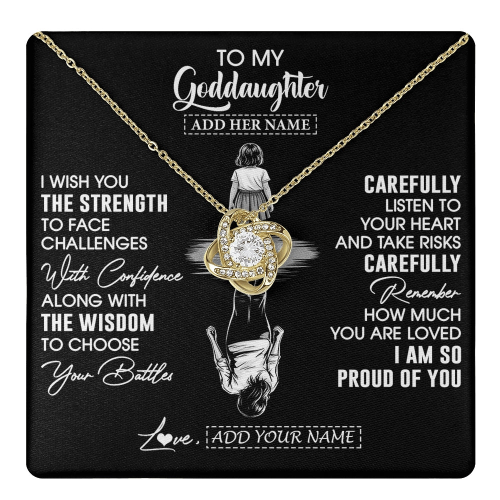 Love Knot Necklace 18K Yellow Gold Finish | 1 | Personalized To My Goddaughter Gifts Necklace From Godmother Uncle I Wish You The Strength Goddaughter Birthday Gifts Christmas Custom Gift Box Message Card | https://teecentury.