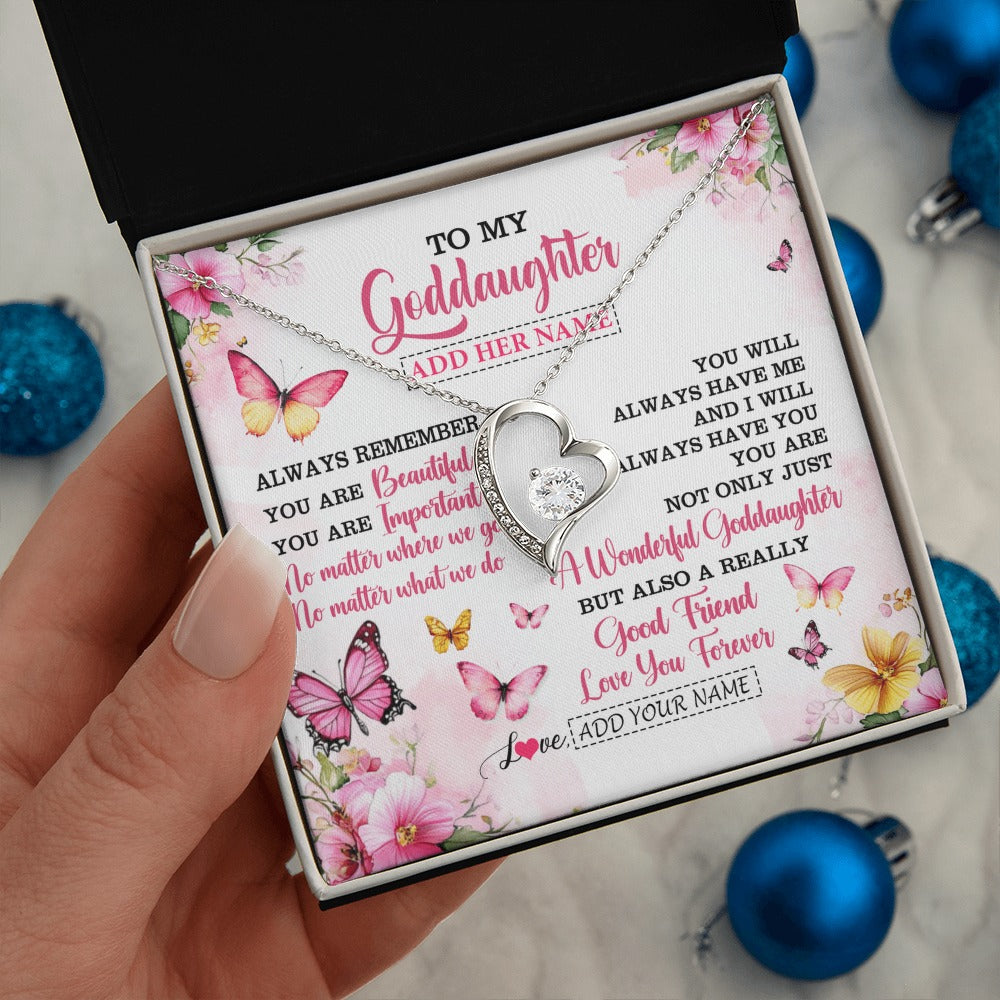Forever Love Necklace 14K White Gold Finish | 2 | Personalized To My Goddaughter Gifts Necklace From Godmother You Are Beautiful Birthday Gifts For Goddaughter Graduation Christmas Custom Gift Box Message Card | https://teecentury.