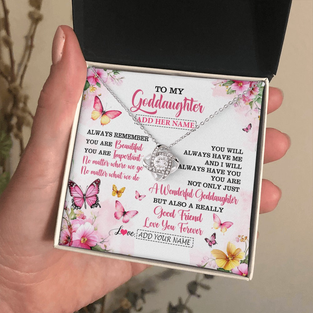 Love Knot Necklace 14K White Gold Finish | 2 | Personalized To My Goddaughter Gifts Necklace From Godmother You Are Beautiful Birthday Gifts For Goddaughter Graduation Christmas Custom Gift Box Message Card | https://teecentury.