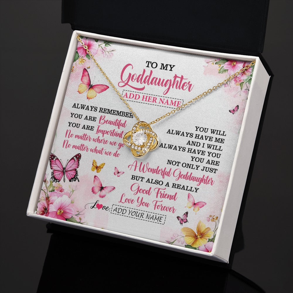 Love Knot Necklace 18K Yellow Gold Finish | 2 | Personalized To My Goddaughter Gifts Necklace From Godmother You Are Beautiful Birthday Gifts For Goddaughter Graduation Christmas Custom Gift Box Message Card | https://teecentury.