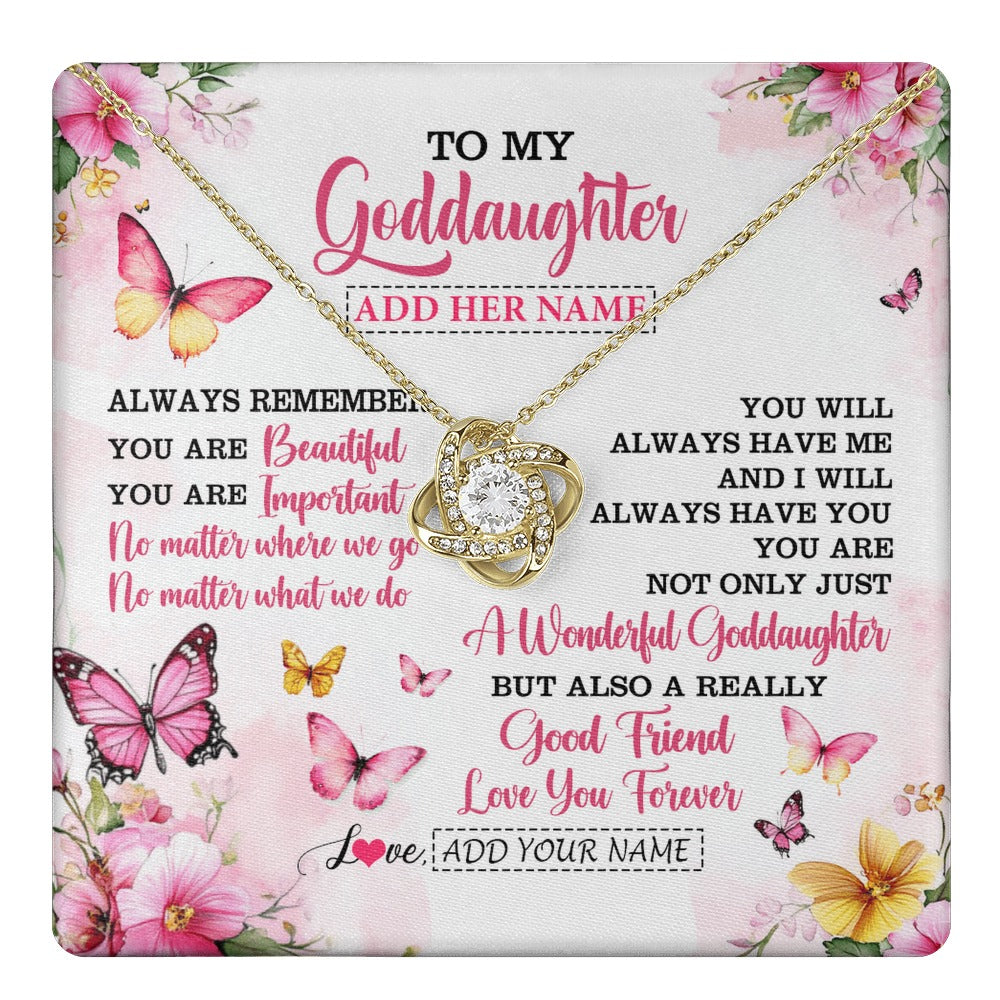 Love Knot Necklace 18K Yellow Gold Finish | 1 | Personalized To My Goddaughter Gifts Necklace From Godmother You Are Beautiful Birthday Gifts For Goddaughter Graduation Christmas Custom Gift Box Message Card | https://teecentury.