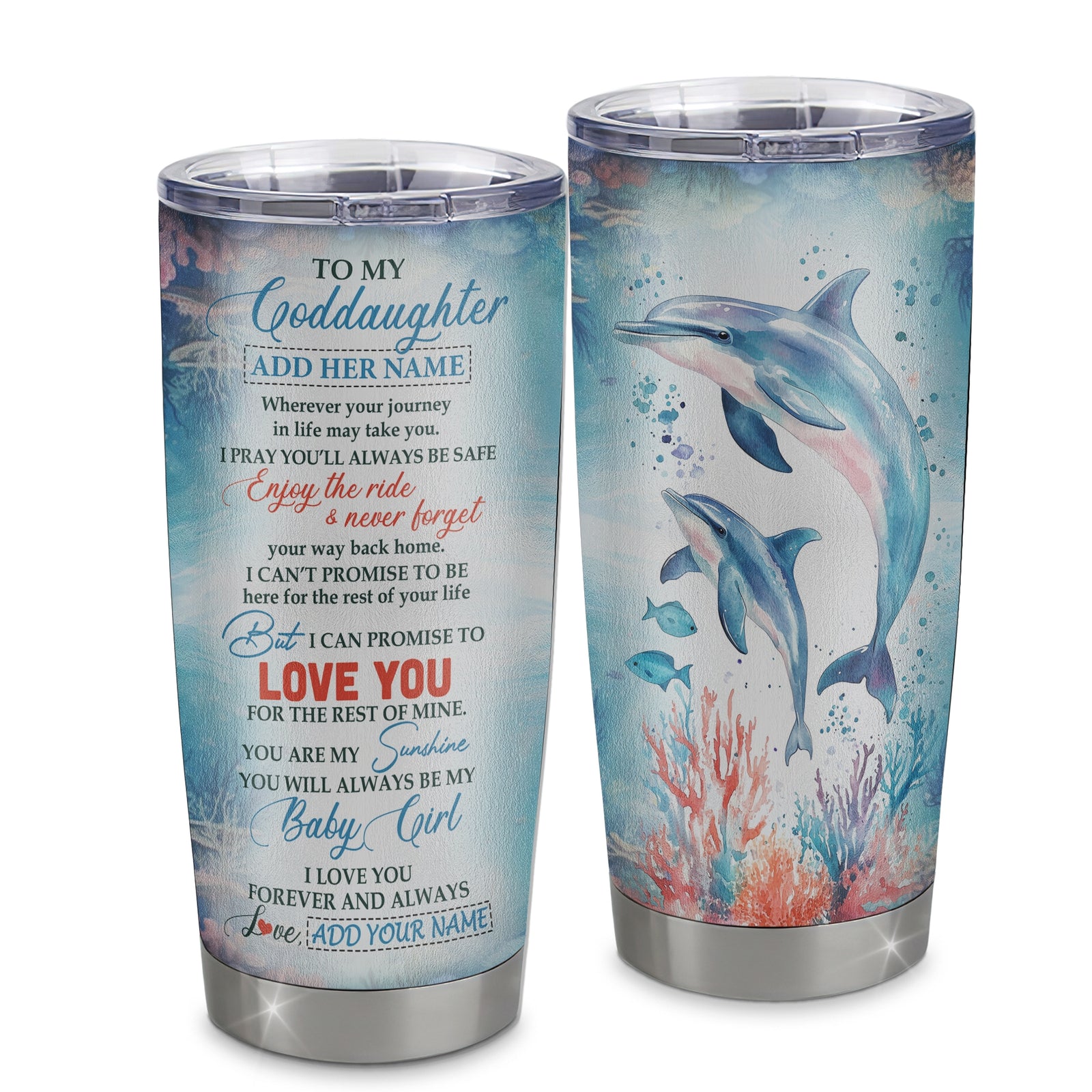 Personalized To My Goddaughter Gifts Tumbler Dolphin From Godmother Sunshine Baby Girl Goddaughter Birthday Gift Christmas Customized Stainless Steel Insulated Mug | teecentury
