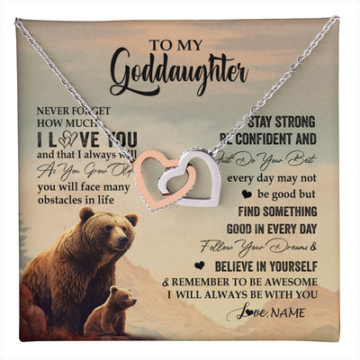 Interlocking Hearts Necklace Stainless Steel & Rose Gold Finish | 1 | Personalized To My Goddaughter I Love You Forever Necklace From Aunt Uncle Bear Goddaughter Birthday Graduation Christmas Customized Gift Box Message Card | teecentury