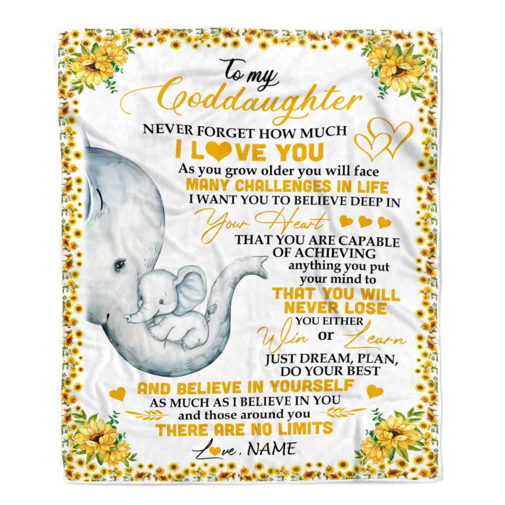 Personalized To My Goddaughter I Love You From Aunt Titi Sunflower Elephant Goddaughter Birthday Christmas Thanksgiving Graduation Customized Fleece Blanket | teecentury