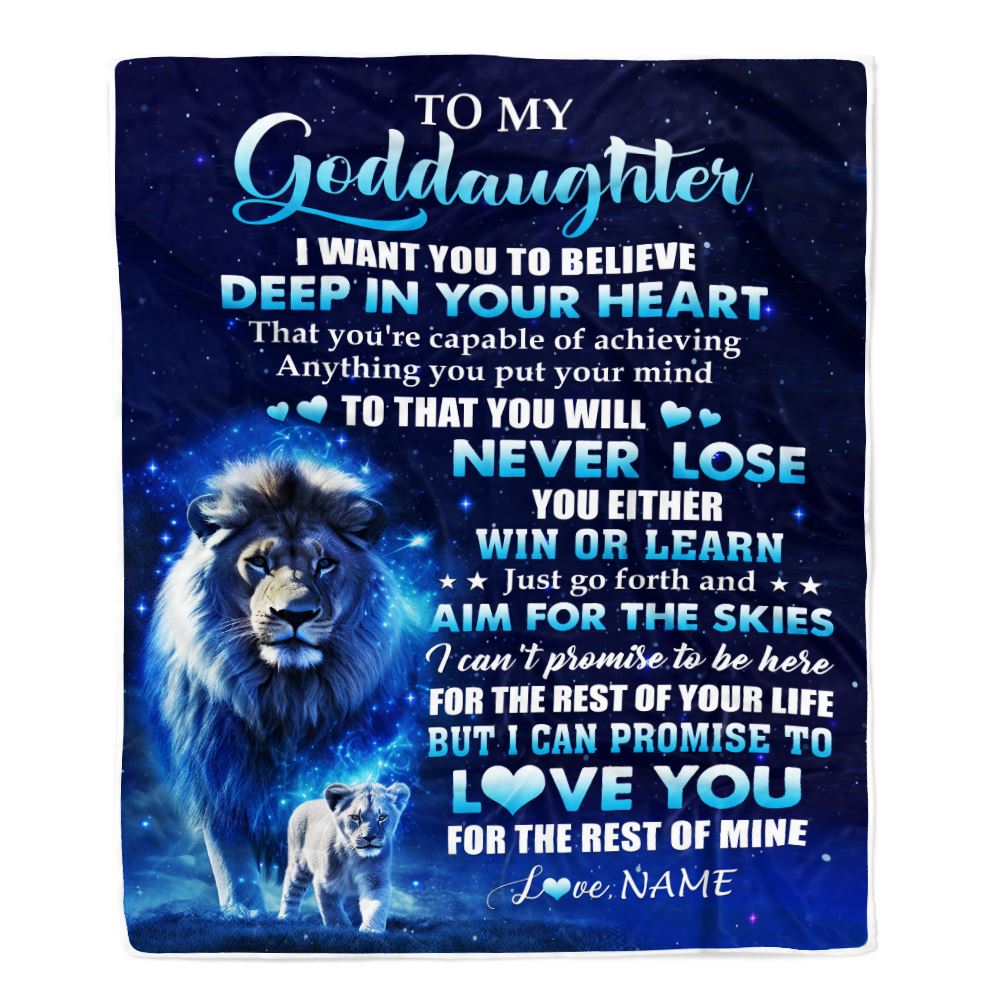 Personalized To My Goddaughter Lion From Godfather Blanket Believe Your Heart Goddaughter Gift Birthday Graduation Christmas Custom Customized Fleece Blanket | teecentury