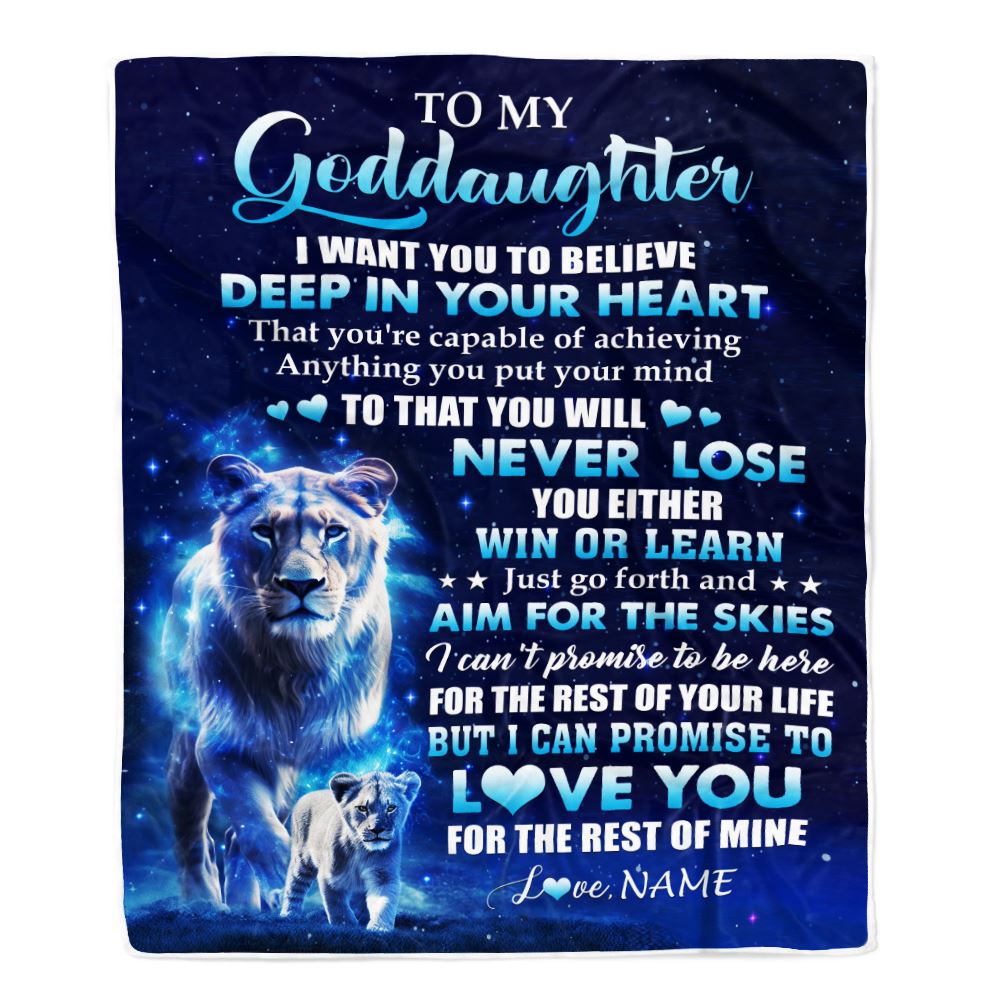 Personalized To My Goddaughter Lion From Godmother Blanket Believe Your Heart Goddaughter Gift Birthday Graduation Christmas Custom Customized Fleece Blanket | teecentury