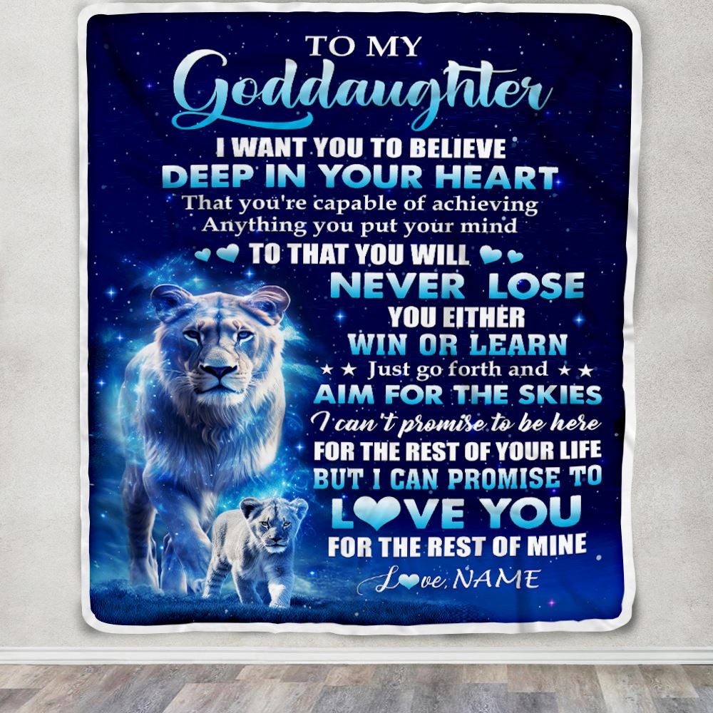 Personalized To My Goddaughter Lion From Godmother Blanket Believe Your Heart Goddaughter Gift Birthday Graduation Christmas Custom Customized Fleece Blanket | teecentury