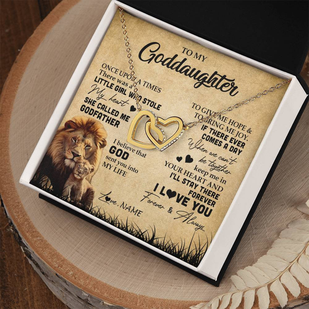 Interlocking Hearts Necklace 18K Yellow Gold Finish | Personalized To My Goddaughter Lion Necklace From Godfather I'll Stay There Forever Goddaughter Birthday Graduation Christmas Customized Gift Box Message Card | teecentury