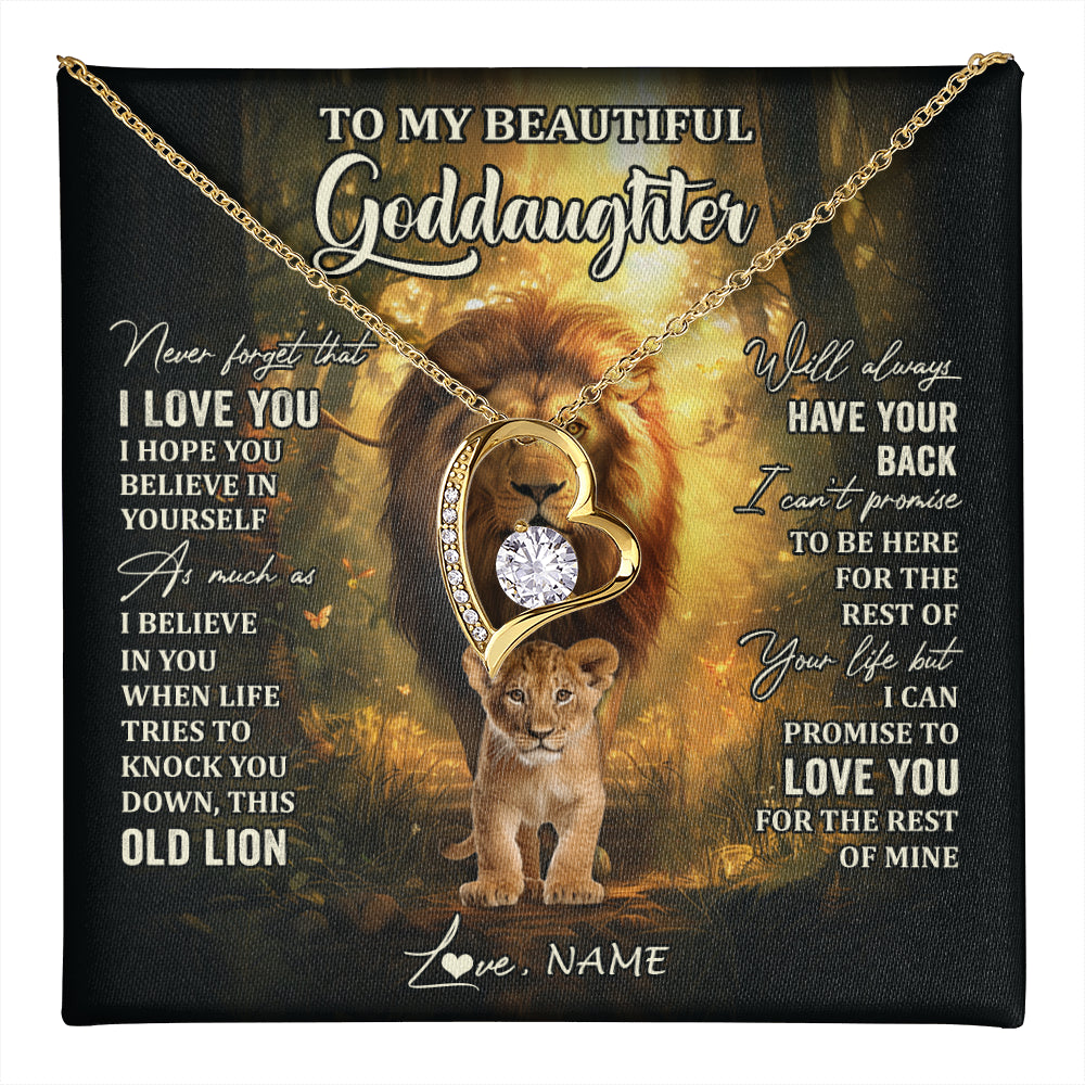 Forever Love Necklace 18K Yellow Gold Finish | 1 | Personalized To My Goddaughter Lion Necklace From Godfather Never Forget That I Love You Niece Birthday Graduation Christmas Customized Gift Box Message Card | teecentury