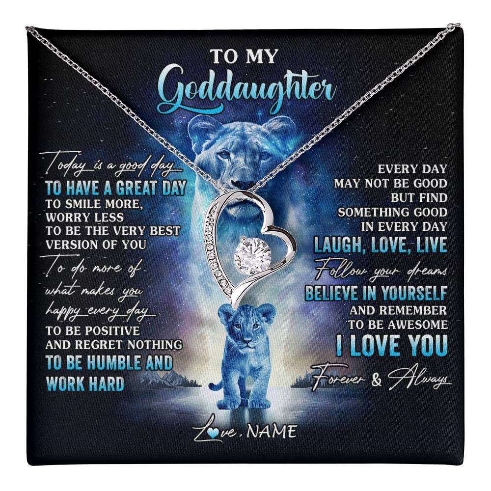 Forever Love Necklace 14K White Gold Finish | 1 | Personalized To My Goddaughter Lion Necklace From Godmother Aunt Every Day Laugh Love Live Goddaughter Birthday Christmas Customized Gift Box Message Card | teecentury