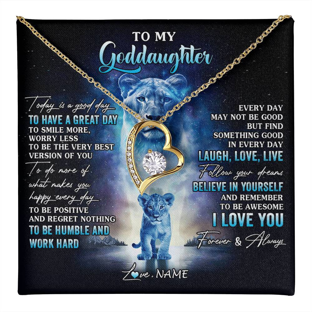 Forever Love Necklace 18K Yellow Gold Finish | 1 | Personalized To My Goddaughter Lion Necklace From Godmother Aunt Every Day Laugh Love Live Goddaughter Birthday Christmas Customized Gift Box Message Card | teecentury